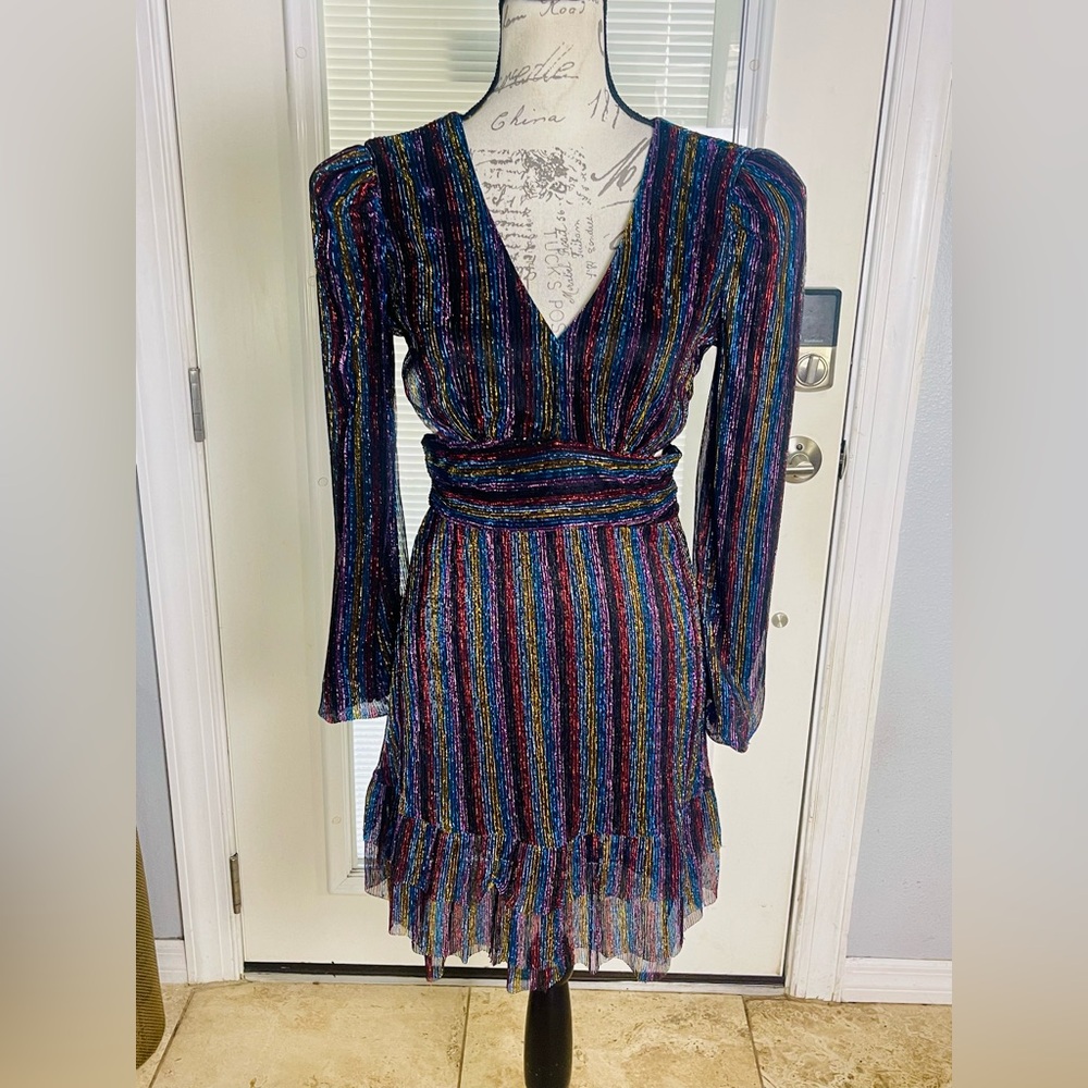 Alexa B Nites Multicolored Striped Shimmer Open Back Cut Out Mini Dress Sz 4